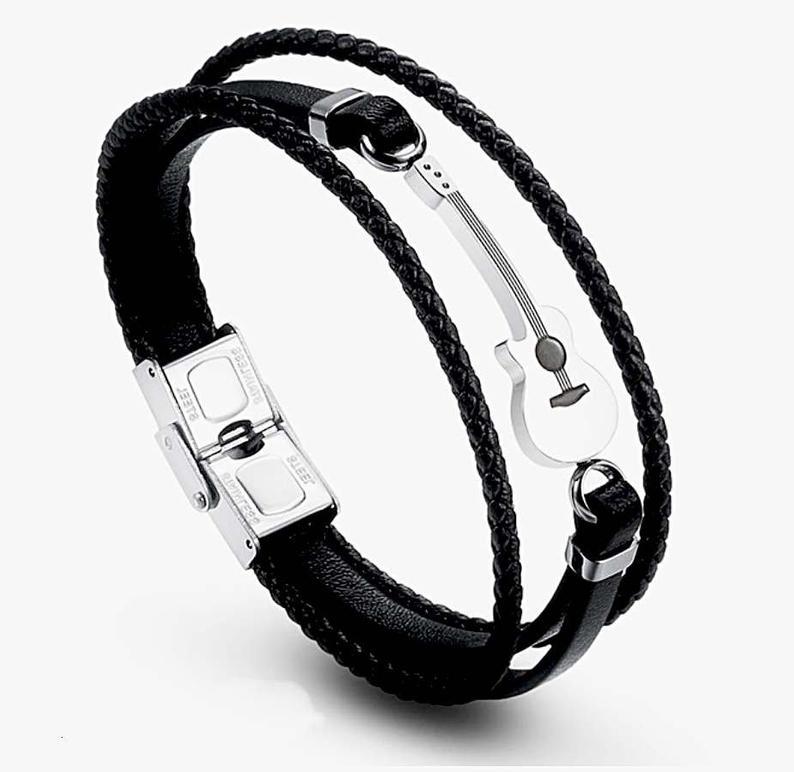 Acoustic Guitar Bracelet - Stainless Steel and Leather