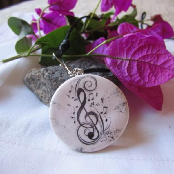 Black and White Treble clef adjustable pendant hand crafted