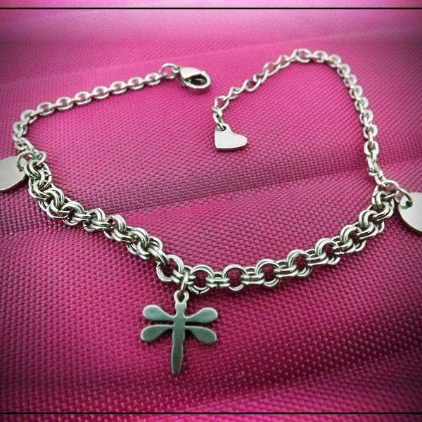 Dragonfly Circle Disc Love Heart Charm Bracelet