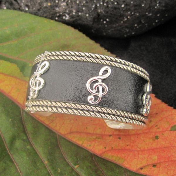 Silver and Black Leather Cuff Bangle with G Clef Design