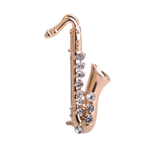 Saxophone Brooch - Gold with Crystal Stones