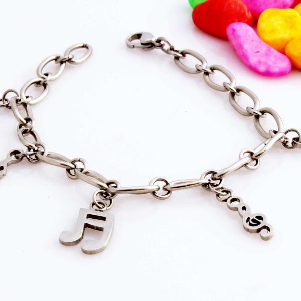 Stainless Steel Musical Double Bar Treble Clef Notes Charm Bracelet