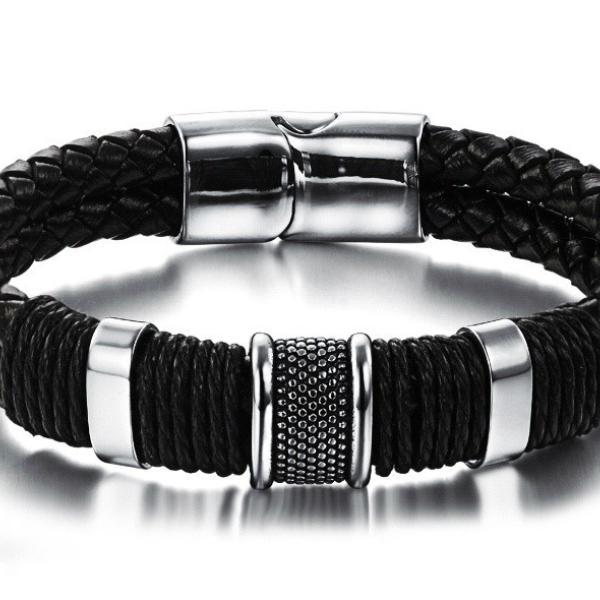 Genuine Leather & Steel Double Layer Bracelet