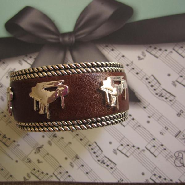 Silver Brown Leather Piano Cuff Bracelet