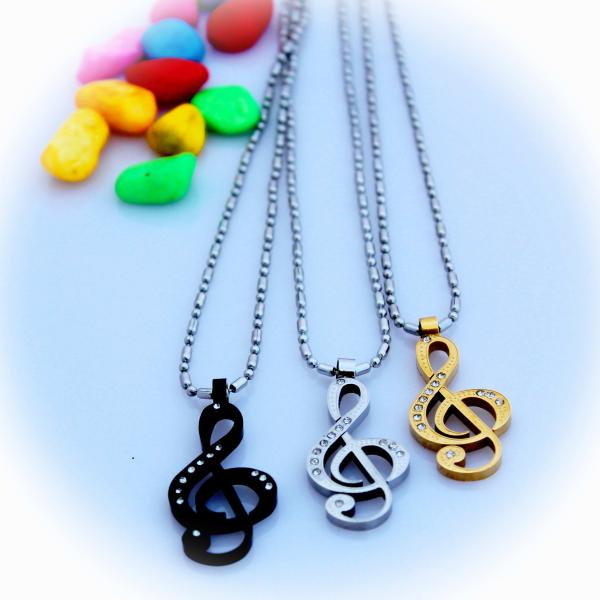 Treble Clef Necklace in Stainless Steel with CZ Stones