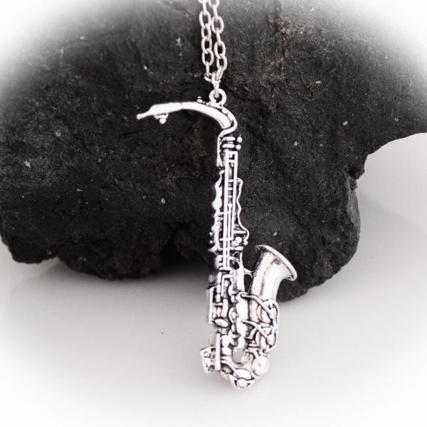 Silver Saxophone Necklace Vintage Style