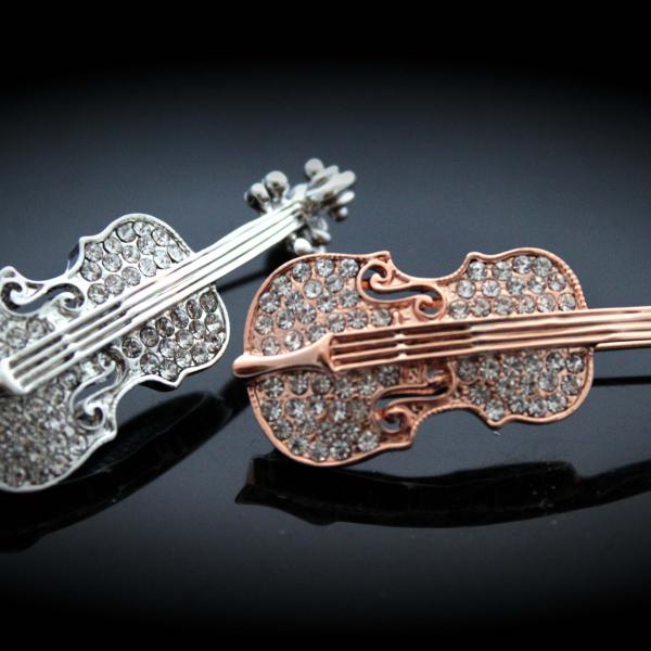 Violin Crystal Pin Brooch Silver and Gold