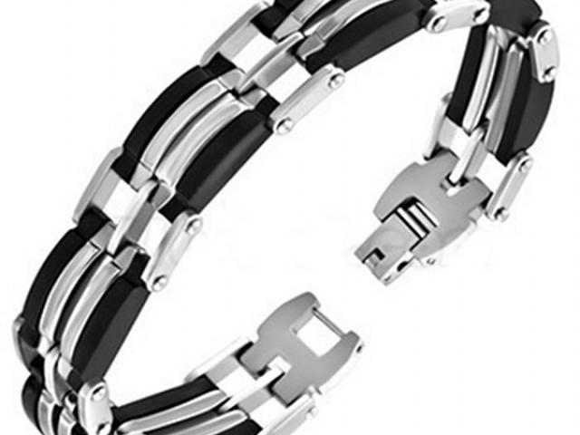 Mens Stainless Steel  & Black Geometric Link Bracelet