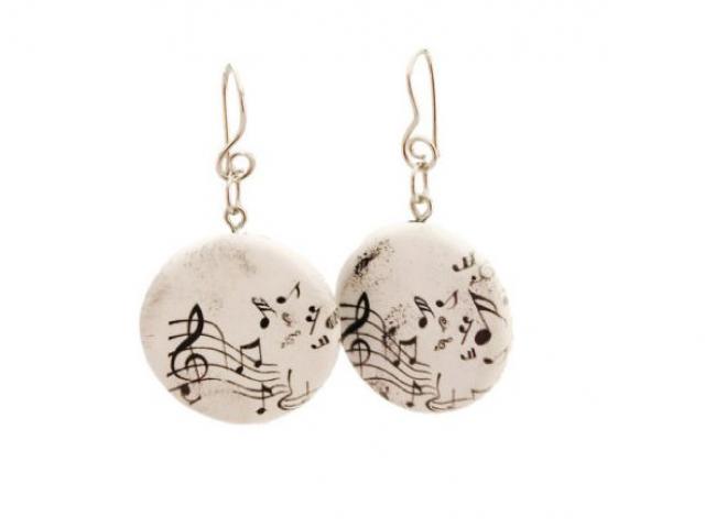 Black and White Clay Drop Music Earrings