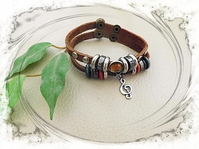 Leather Bracelet with Music Note Or Cross Charm