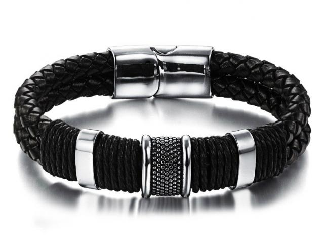 Genuine Leather & Steel Double Layer Bracelet