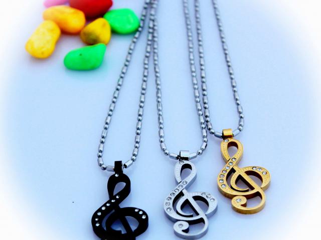 Treble Clef Necklace in Stainless Steel with CZ Stones