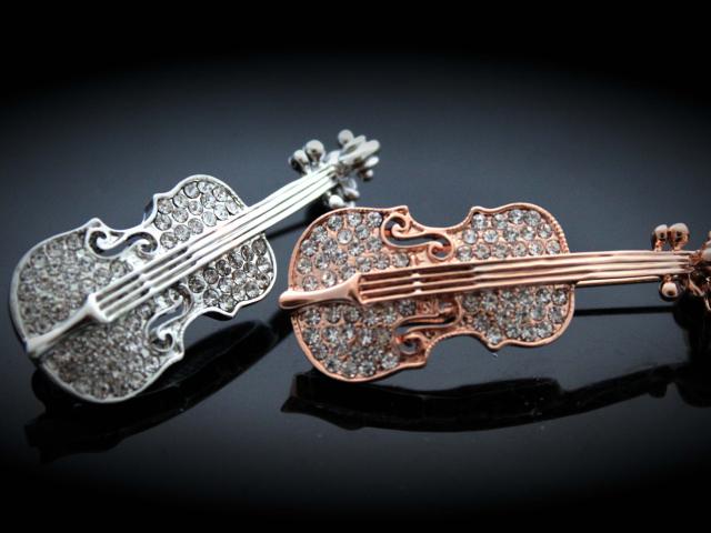 Violin Crystal Pin Brooch Silver and Gold